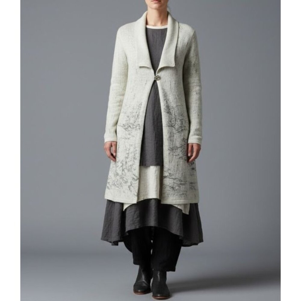 Coldwater Creek Wool Long Cardigan Beige & Gray Alpine Scenic Artsey - Picture 5 of 15